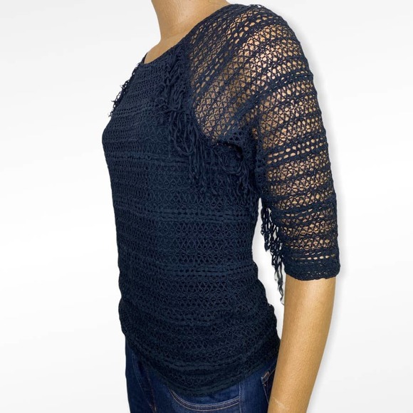 Nightcap by Carisa Rene Carmen Crochet and Fringed Shirt in Black Medium - Picture 6 of 11